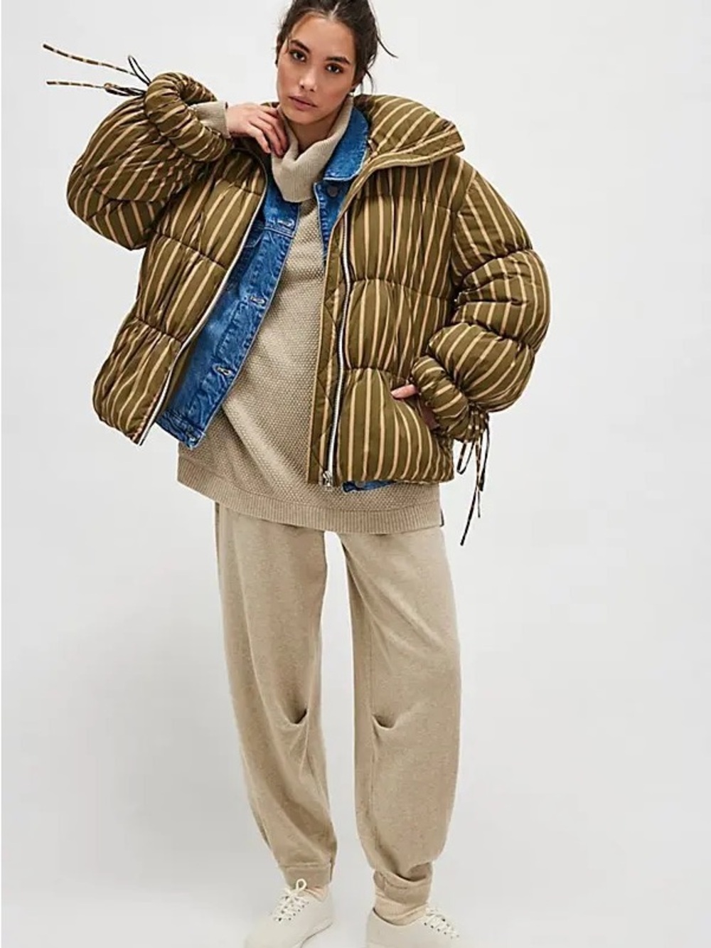NEW Free People Printed Puffer Coat - Olive Striped Size S